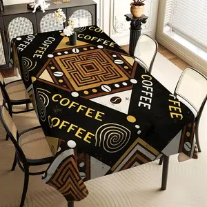 JIT 1PC 2D Flat print, coffee element geometric pattern long tablecloth, tabletop decorative cloth, tabletop protective cover, suitable for indoor and outdoor use, holiday style, universal in all seasons