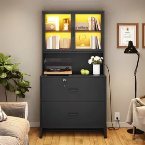 2 Drawers File Cabinet with Bookshelf and Lock & Charging Station Black