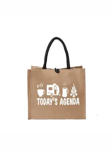Simple Linen Tote Bag, Printed HandbagCamping Inspired 'TODAY'S AGENDA' Jute Tote Bag - Stylish Brown Reusable Bag with Black Handles and Toggle Clasp, Eco-Friendly Design Perfect for Outdoor Adventures, Shopping and Daily Use.Large Capacity, Reusa