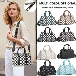 Black & White Checkered Mini Duffle Bag, Top Handles + Adjustable Crossbody Strap, Gold Hardware, Retro Vibe, Perfect for Daily Errands, Concerts & Adding a Bold Statement