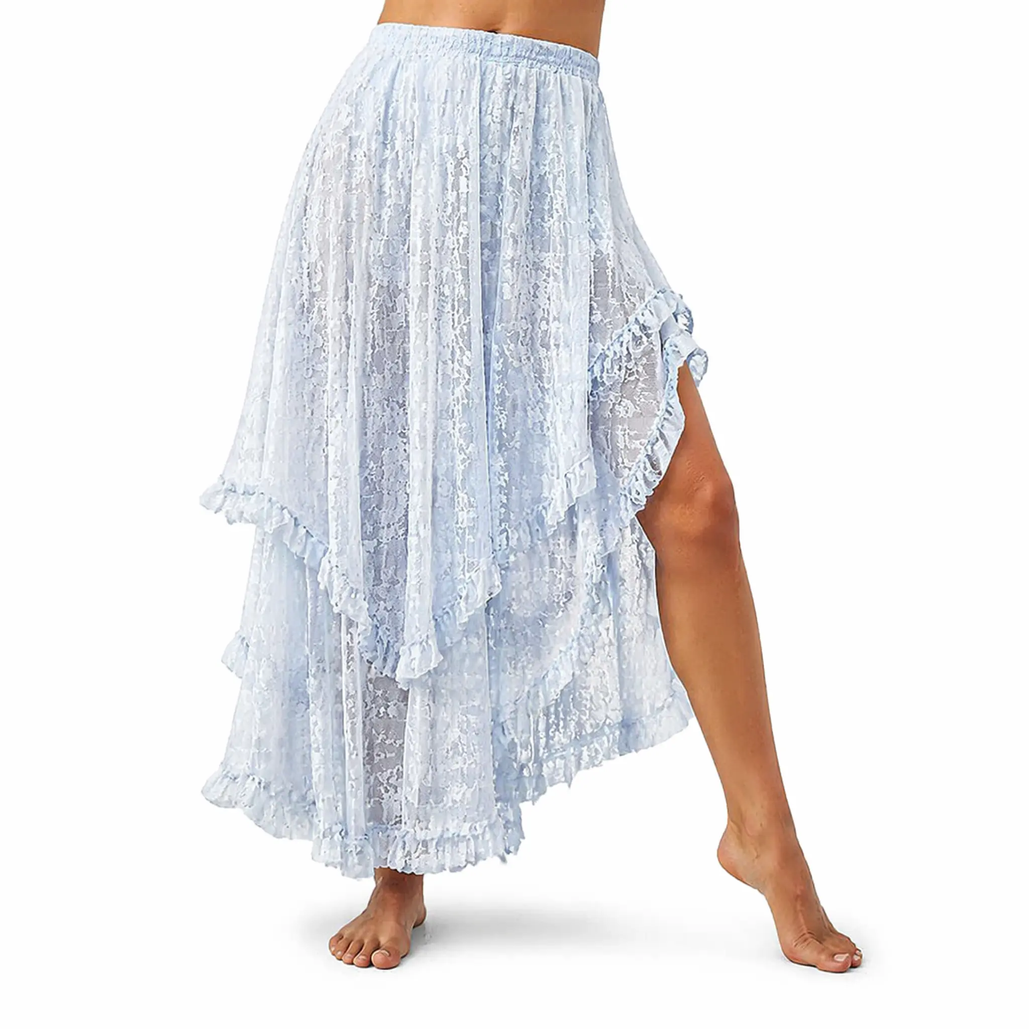 Lace Skirts for Women Flowy Boho Maxi Skirt Elastic Asymmetrical Layered See-Through Long Skirt