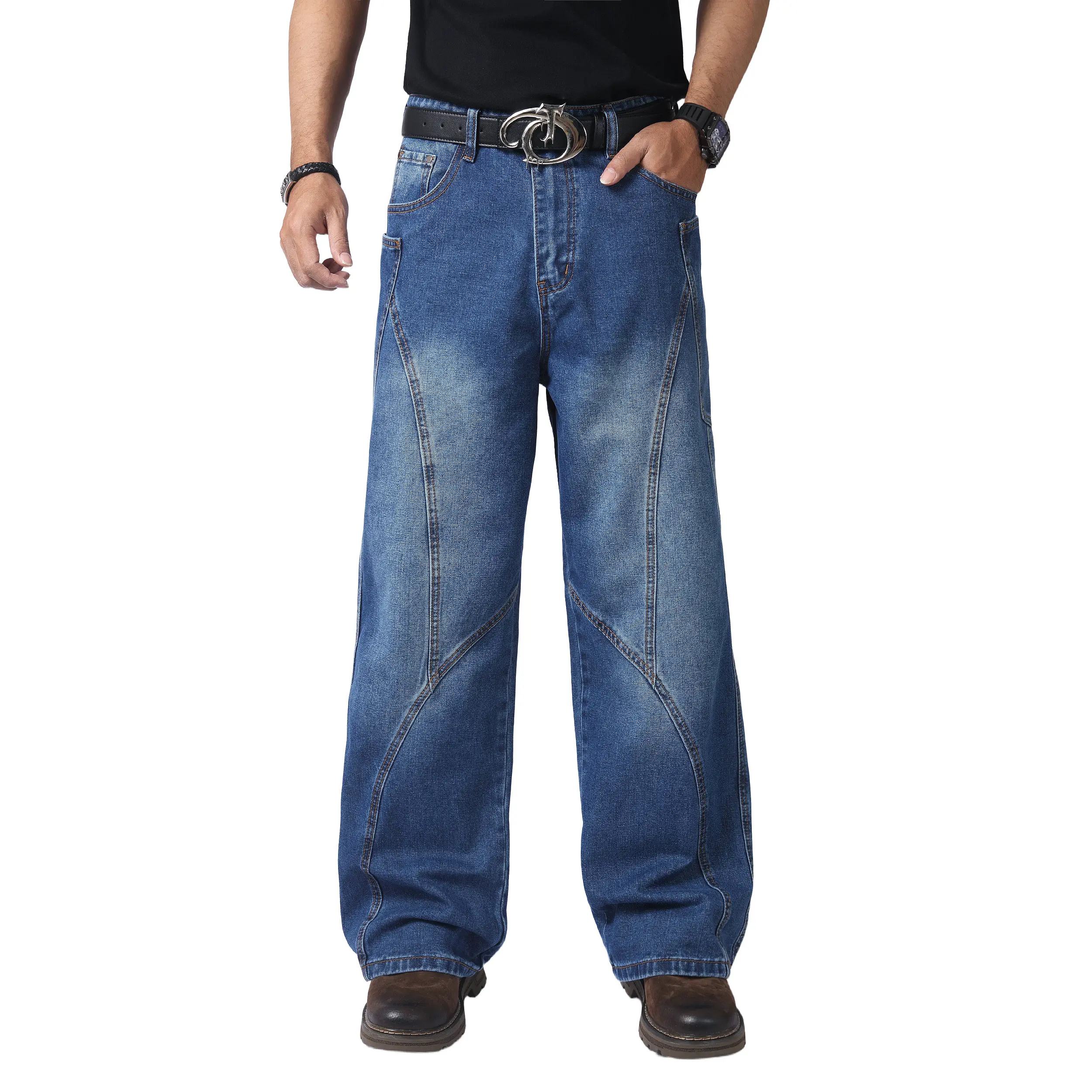 JUNBAOSS Men's Streetwear Style Patchwork Wide Leg Jeans Vintage Medium Blue Washed Split Seam Baggy  Pants Hip Hop Oversized  Casual Trousers loose denim men pocket trendy