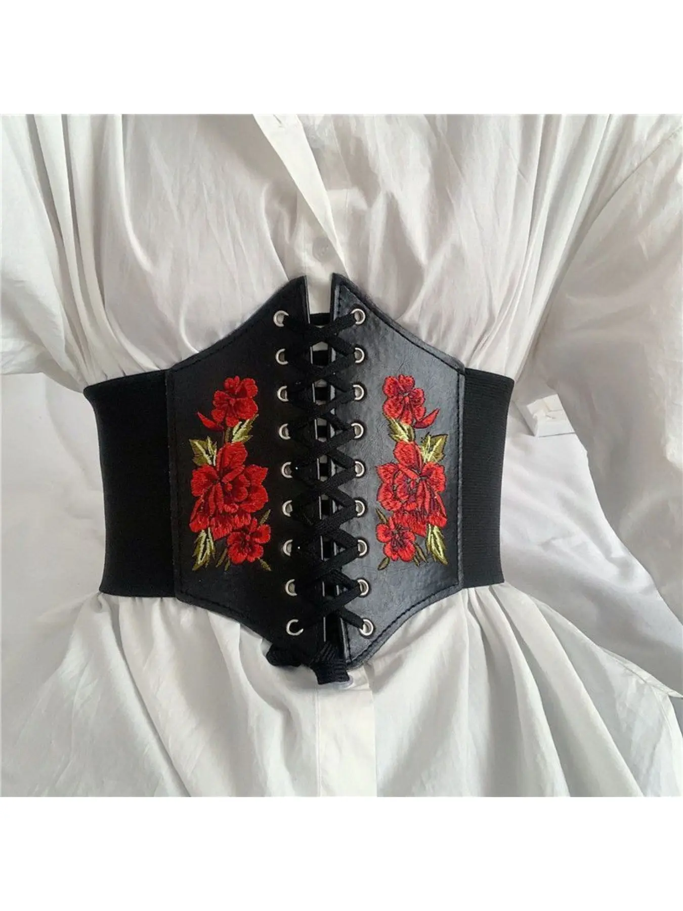 European and American style women's fashion embroidered rose ultra-wide waist belt for dresses with elastic leather Vintage Belt Casual Trendy Waistband Stylish Belts