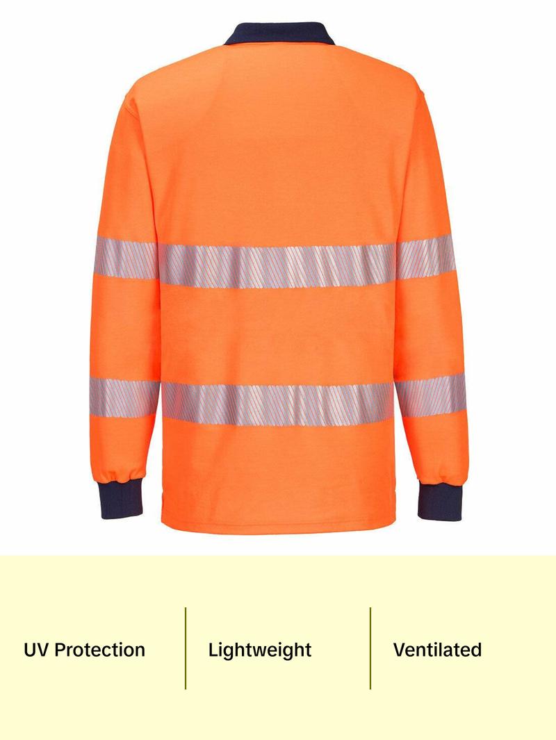 Portwest Mens Long Sleeve PW3 Hi-Vis Polo Shirt  Reflective Safety Workwear T186
