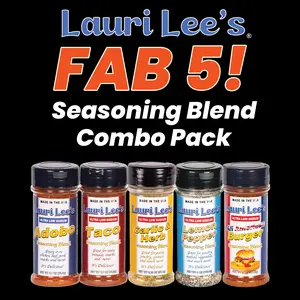 Lauri Lee's FAB 5! Ultra Low Sodium Seasoning Blend Combo Pack - Adobo, Taco, Garlic & Herb, Lemon Pepper, All American Burger - Made In USA - Bold, All Natural Seasoning Flavors for Virtually All Foods, Without All The Salt
