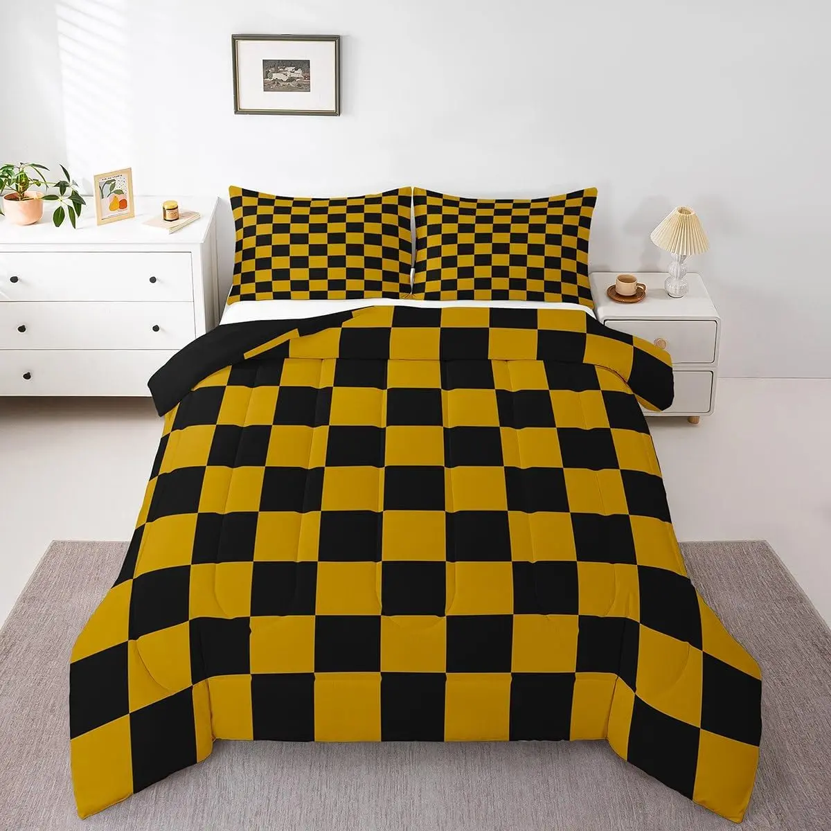 Checkered Bedding Set Women Men Yellow Black Plaid Comforter Set Cute Retro Neutral Checkerboard Geometric Duvet Insert Vintage Aesthetic Room Decor