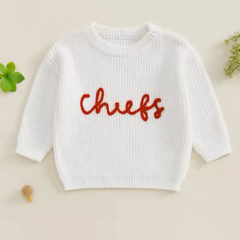 Baby Boy Girl Knit Sweater with Letter Embroidery "Chiefs" Crew Neck Long Sleeve Pullover for Fall Winter