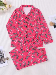 2pcs Trendy Hot Pink Unicorn Loungewear Set - Comfy Long-Sleeve Pajamas (Classic Notch Collar + Functional Pocket) - Cozy Sleepwear for Magical Nights & Lazy Weekends