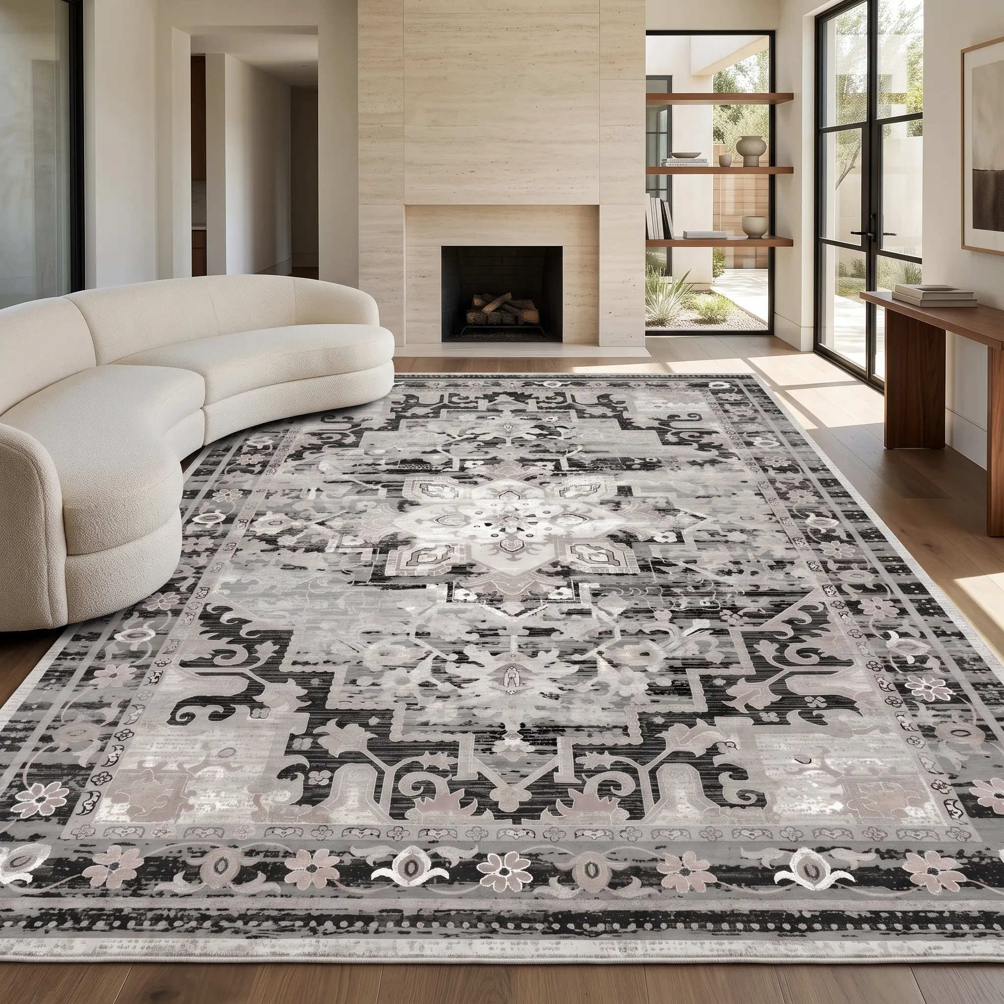 RUGIXE Faux Cashmere Washable Gray Black Vintage Area Rug 5x7 8x10, Heavyweight Soft Low Pile TPR Non Slip Rug, Foldable Durable Persian Oriental Carpet for Living Room Bedroom Office