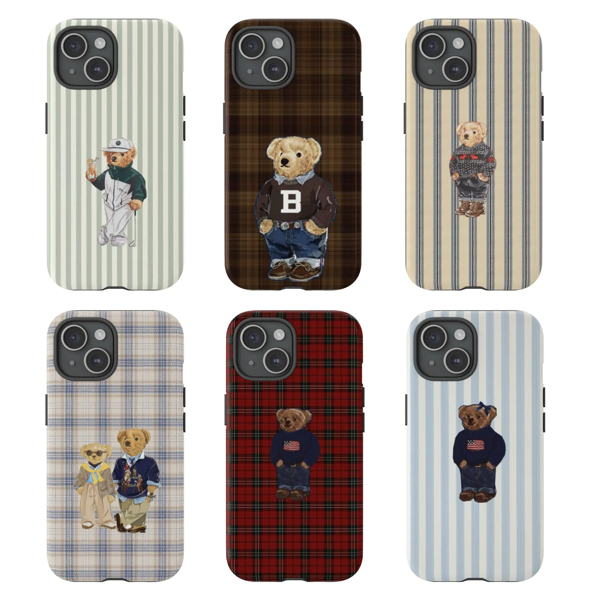 C–-cute vintage teddy bear smartphone case, retro plaid & striped pattern protective cellphone shell, cellphone accessories, compatible with iPhone 11 12 13 14 15 16 17 Pro Max & Samsung Galaxy S23 S24 (wireless-friendly) summerwins,summerwins