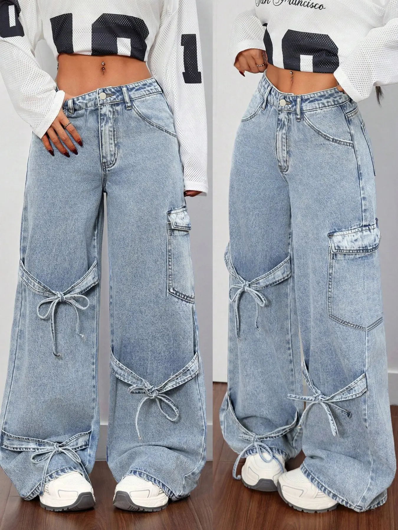 Trendy Asymmetrical Belted Jeans, High Waist Loose-Fitting Denim Jeans, Preppy Street Style Streetwear for All Seasons, Casual Campus Fashion, Womenswear