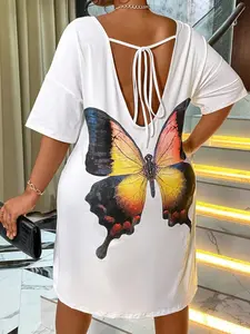 Plus Size Women's Summer Fashion Casual Vacation Backless Tie Butterfly Print Dress, Stylish and Comfortable, Perfect for Warm Weather