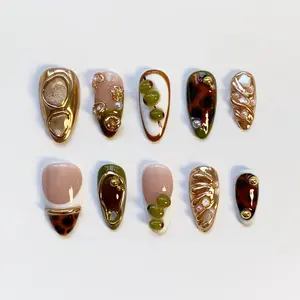 ES31 Olive Tortoiseshell Press-On Nails, Gold Chrome Pearl Design, 3D Olive Branch Accent, Handmade Luxury Minimalist Nail Art, Elegant Autumn Press Ons