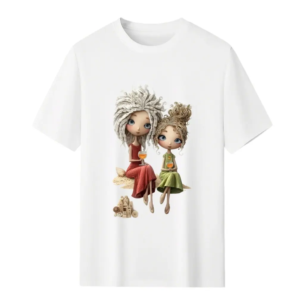 Best Friends Wine Graphic T-Shirt for Women, Cute Cottagecore Doll Tee, Oversized Casual Shirt, Friendship Anniversary Gift