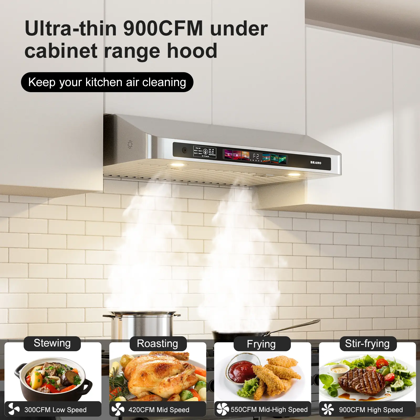 30/36 Inch Under Cabinet Range Hood, 900 CFM Stainless Steel Kitchen Stove Exhaust Fan, Voice Gesture Touch 3 Smart Control, 3-Way Convertible Vent, Quiet Dimmable LED Light, Dishwasher Safe Washable Filters BRANO