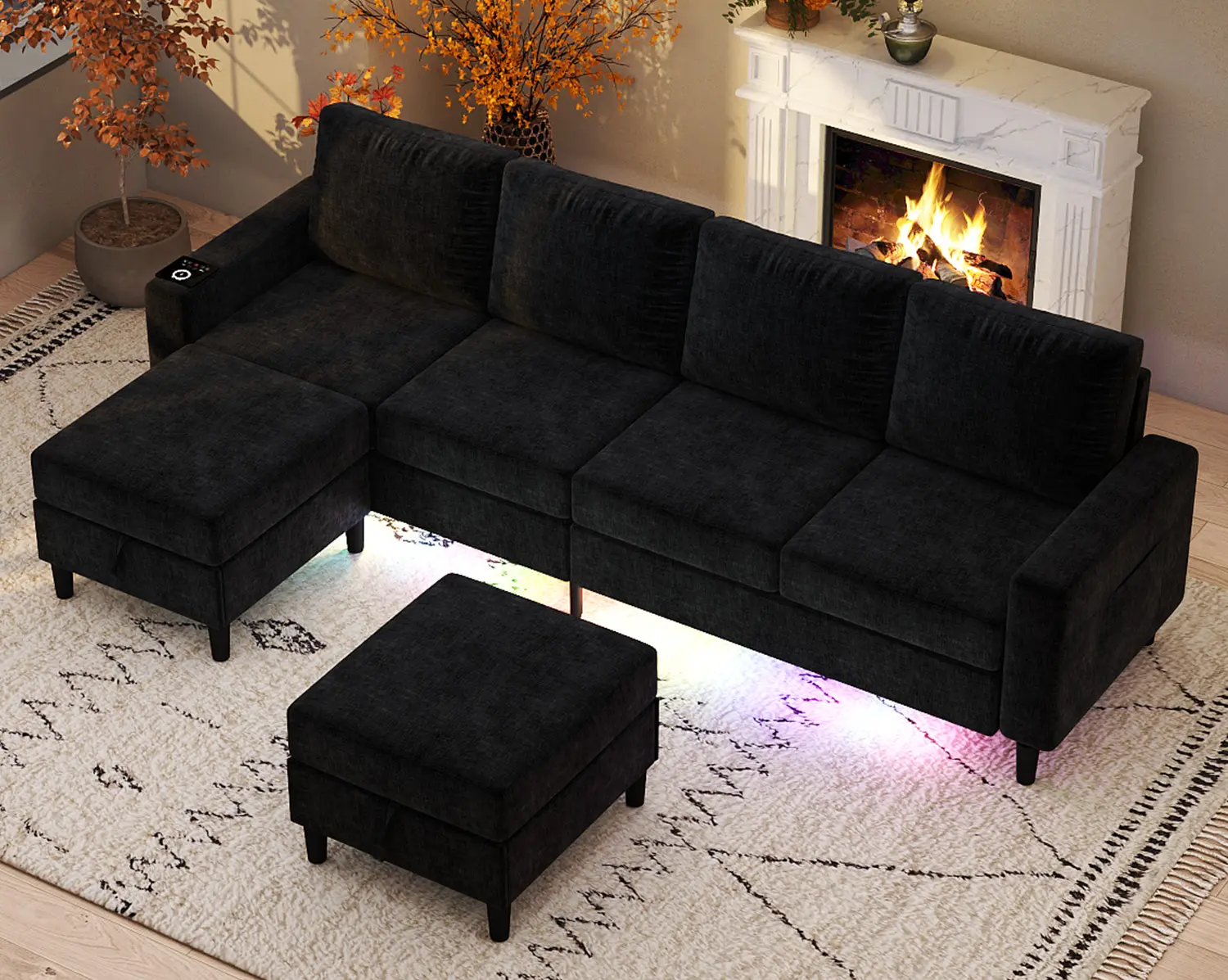 Modular sectional sofa【2packages】109 Inch 3-in-1 U-Shaped sherpa  6-Seater Sectional Sofa, cloud soft Modular Storage Couch with Speakers, modern Wireless Charging & LED Lights,  corduroy Pocket Coil Spring Lazy Chaise Lounge comfy