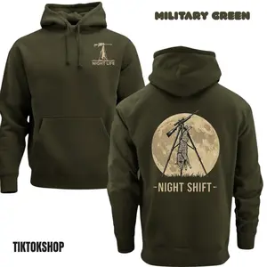 Night Shift Coyote Hunting Hoodie Predator Hunting Graphic Hoodie Night Life Hunter Apparel Moon Hunting Design Outdoor Gift Unisex Hoodie
