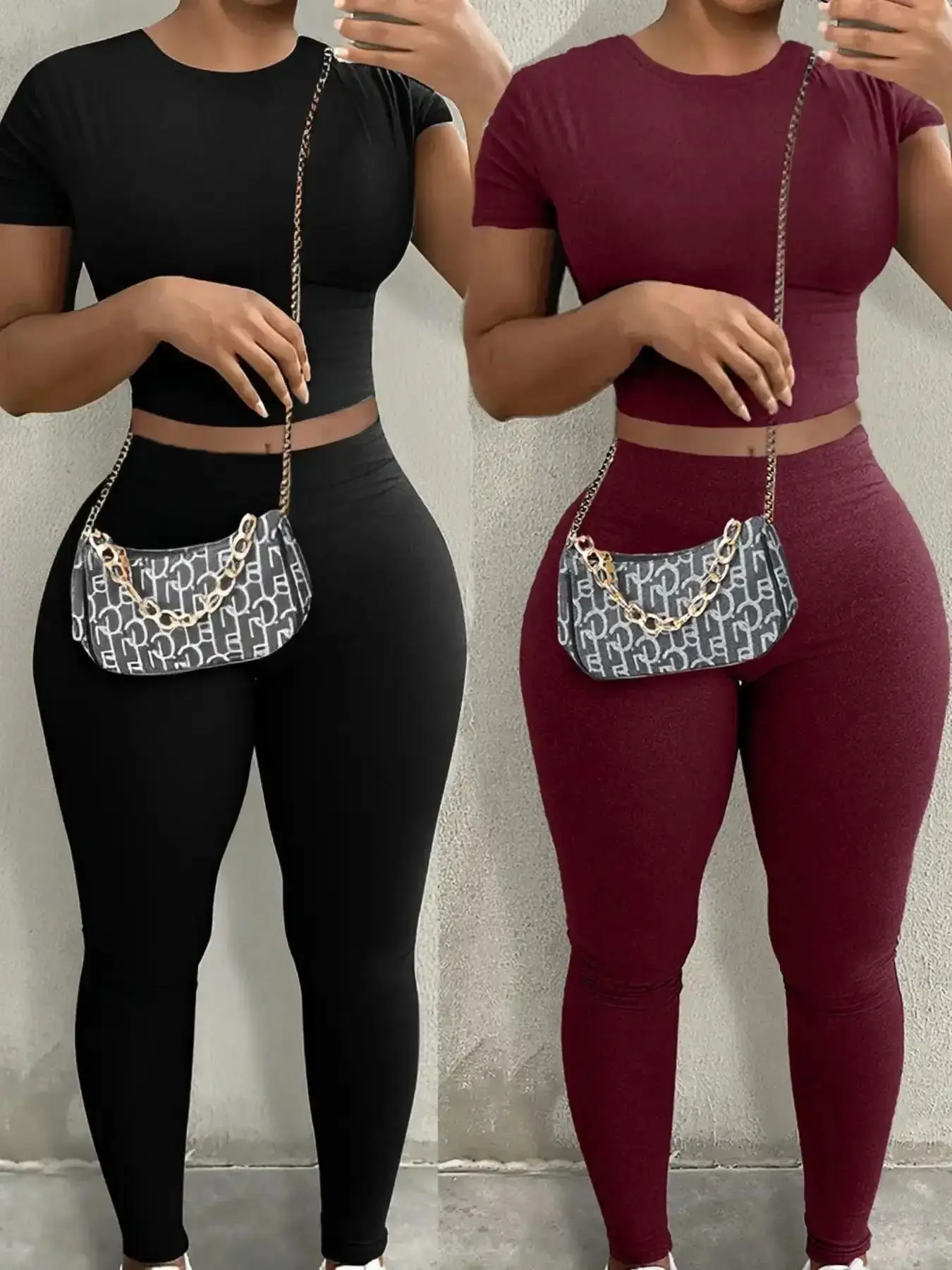 Two-Piece Set Women's Solid Crop Tee & Skinny Pants, Casual Fashion Cozy Round Neck Short Sleeve Top Trousers for Daily Outdoor Wear, Ladies Clothes Spring Fall clean look viral style layering piece essential