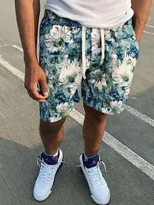 Men's Ditsy Floral Print Denim-effect Print Shorts, Regular Fit Casual Street Flower Print Waistband Shorts for Summer, Fashion Men's Bottoms for Daily Wear