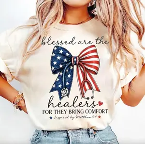 Patriotic Nurse T-Shirt, Rn Tee, Healthcare Graphic Tee, Blessed Healer American Flag Tee, Medical 4th Of July Shirt, Bow Stethoscope Tee, Nurse Gift