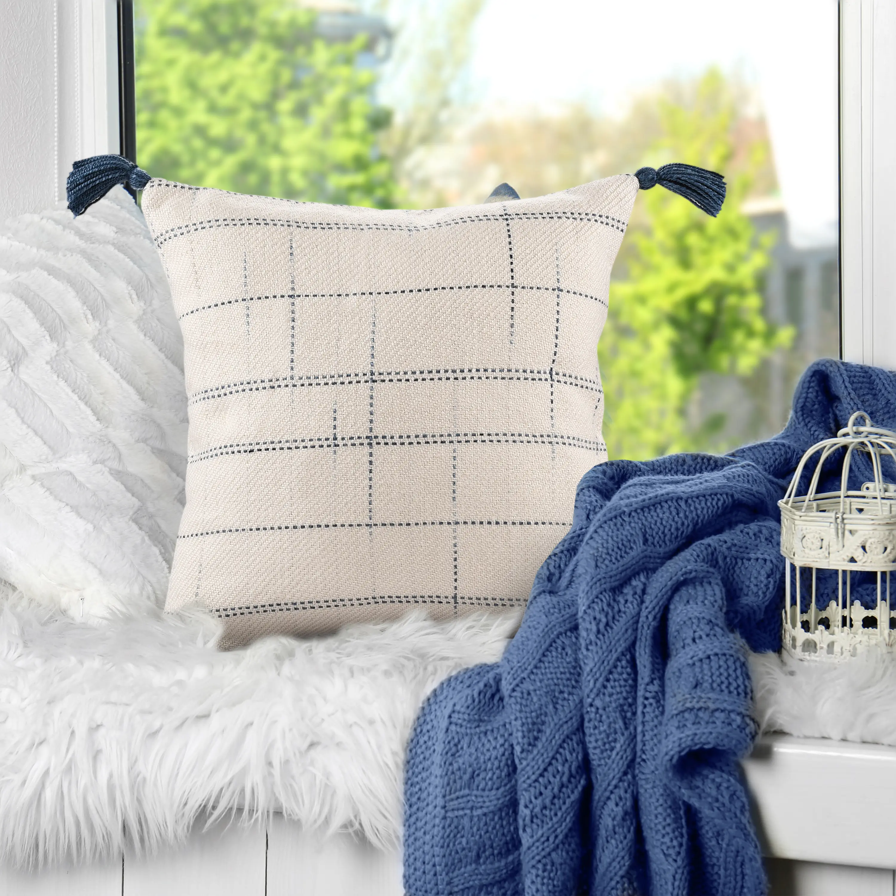 Tasseled Geometric Throw Pillow – 20" x 20", Durable Polyester – Nautical Transitional Décor