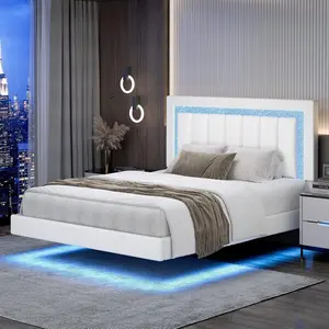 HOMBCK Floating Bed Frame with Smart LED Lights, Faux Leather Upholstered Platform Bed with Diamond PU Headboard, No Box Spring Needed, Noise-Free, Easy Assembly