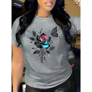 1pc Women'S Casual Round Neck Short Sleeve T-Shirt with Romantic Floral and Butterfly Print, Polyester Knit Fabric, All Seasons