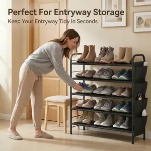 5-Tier Shoe Rack Storage Organizer Free Standing Metal Shoe Shelf Compact with Side Bag for Entryway Closet Bedroom Bronze Furniture Organization Holds 16-20 Pairs 10-15 kg Capacity
