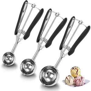 Scoop Set of 3,Black Cookie Scoops for Baking with Engraved Sizes,Stainless Steel Ice Cream Scoop with Soft Rubber Scoopers for