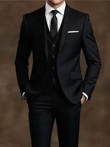 Men'S 3pc Slim Fit Tuxedo Suit Set - Elegant Black & White Wedding & Formal Attire, Long Sleeve, Button-Up, Non-Stretch Fabric, All-Season Office Meeting & Elegant Events, Wedding Attire | Slim Fit Suit | Durable Wedding Wear