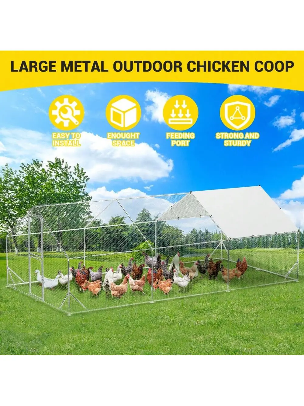 Heavy Duty Large Metal Walk-In Chicken Coop Enclosure with Double Door, Metal Chicken Cage for Goose & Duck, 9.8'L x 6.5'W x 6.5'H, Water-Resistant UV-Resistant Roof Cover, Secure Outdoor Shelter