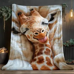1pc Giraffe in Soft Bed Throw Blanket - Lightweight Flannel Fleece with Digital Printing, Soft Warm Flannel Fabric for Sofa, Travel, Camping, Office, Couch, Chair, and Bed - All-Season Portable Blanket for Living Room, Cartoon Blanket Halloween and Christ