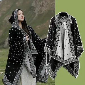 Bohemian Style Red Printed Polyester Shawl - Thermal, Windproof Cape, Retro, Multipurpose, Suitable for Casual Outings, Ideal Christmas Gift