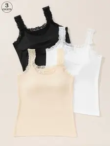 Women's Sleeveless High Stretch Tank Top Underwear, Lace Trim Round Neck, Soft Padding, Layered Wear, 8 Pieces Set