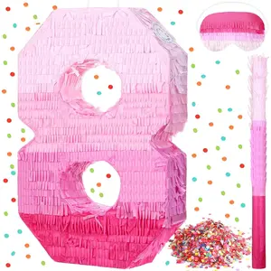Number Piñata Pink Piñata Birthday Decorations Gradient with Stick Blindfold Confetti for Girls Boys Birthday Anniversary Party Decorations Supplies(Number 8)