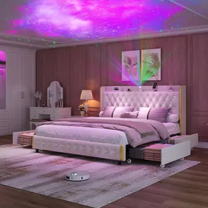 LED Upholstered Bed frame with Wingback & Drawers – White PU Leather, Queen,Full sizes