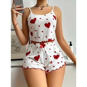 Casual Sleepwear Sets, Heart-Shaped Printed, Spaghetti Strap, Ruffle, Short Sets, Polyester 95% Elastane 5%, 180g/m², for Valentine'S Day Gift,  All-Season