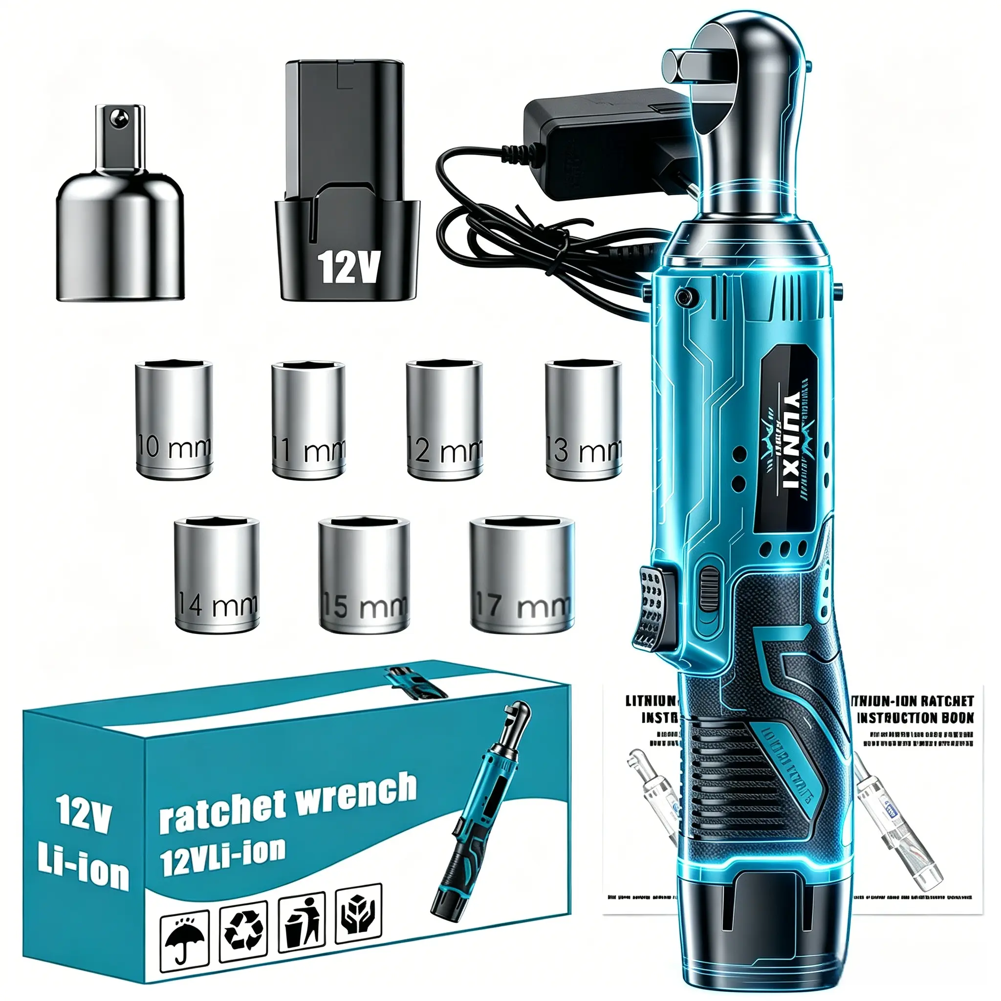 YUNXI 12V Cordless Electric Ratchet Wrench 90° Right Angle 3/8" Drive 1-2 Batteries, Metric 4-17mm Sockets, Storage Case, High Torque Power Tool for Stage Truss Bike Auto Shelf Repair Father’s Day Gift
