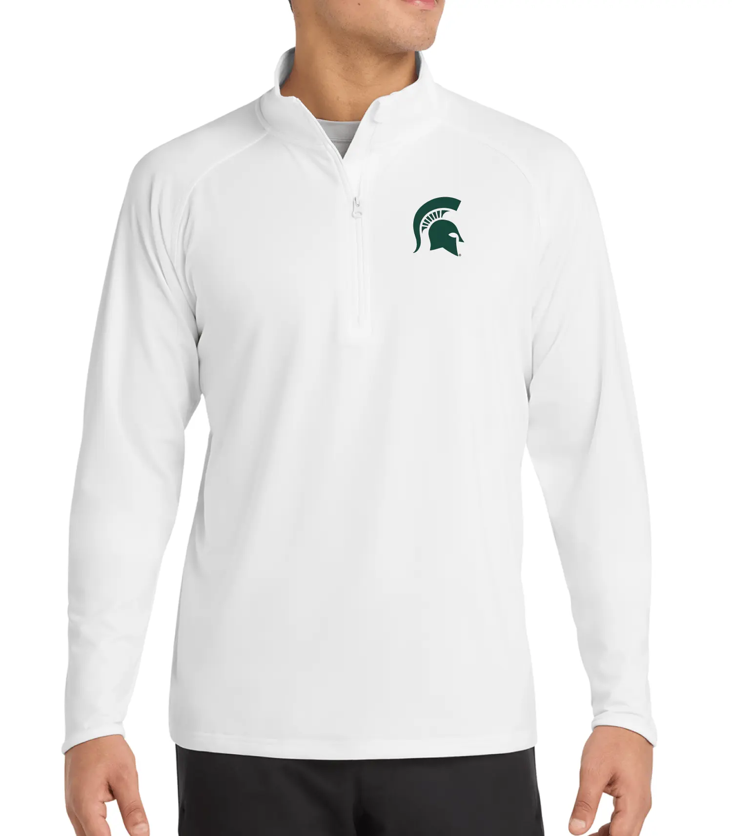 White Michigan State Quarter Zip with Green Spartan Helmet