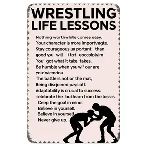 Wrestling Tin Sign, Vintage Wrestling Lessons Sign Print Aesthetic Room Decoration for Home Bedroom Kitchen Bar Coffee Bathroom Indoor Outdoor Wall Decor, 8 X 12 in