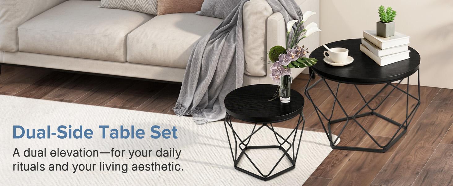 2-Piece Small Round Nesting Coffee Table Set with Steel Frame - Side End Table for Living Room, Bedroom