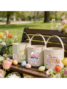First Easter Gift for friends- Cute Bunny Chick Print Linen Basket, Portable Easter Egg Bucket, Spring Flower Decorative Tote, Ideal for Photo Props & Easter Party Supplies