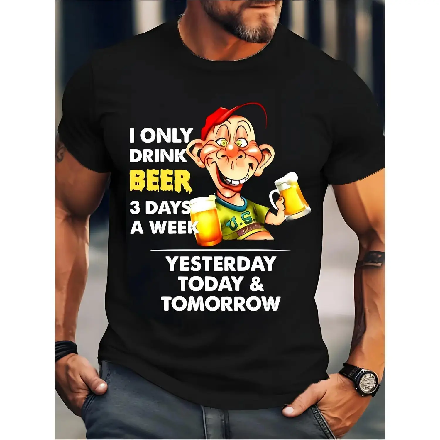 Men's 'I Only Drink for 3 Days' Graphic Tshirt - 100% Cotton Menswear Short Sleeve Round Neck Casual Fashion Short Sleeve Humorous Streetwear Top, Printed