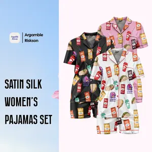 Funny Fast Food Satin Silk Pajama Set - Soft Short Sleeve Sleepwear for Women Cute Summer Loungewear Gift for Her Comfortable Cozy Sleepwear Ideal for Relaxing at Home