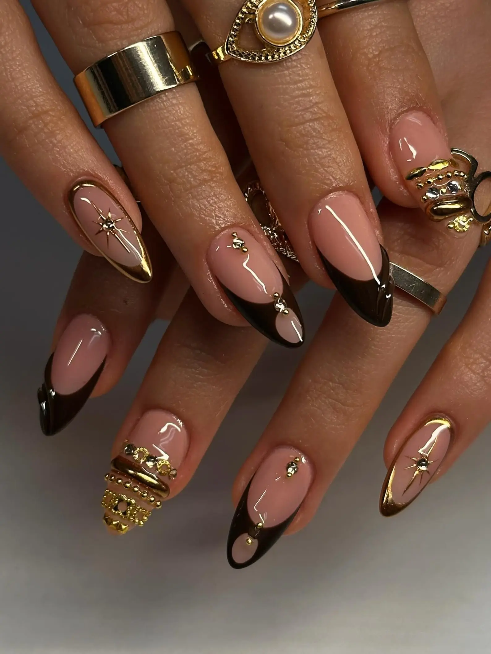 Black Gold Press On Nails, Luxury Gold French Tip Fake Nails, Old Money Elegant Nail Set