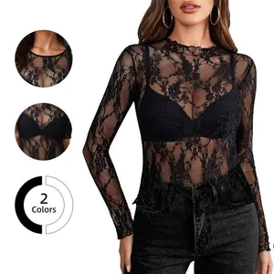 Women’s 90s mesh short top — lace long-sleeve/short-sleeve stand-up collar sheer blouse, tailored to fit at the waist, plus sizes S–4XL, perfect for layering and concerts! ChristmasGARMENTARY