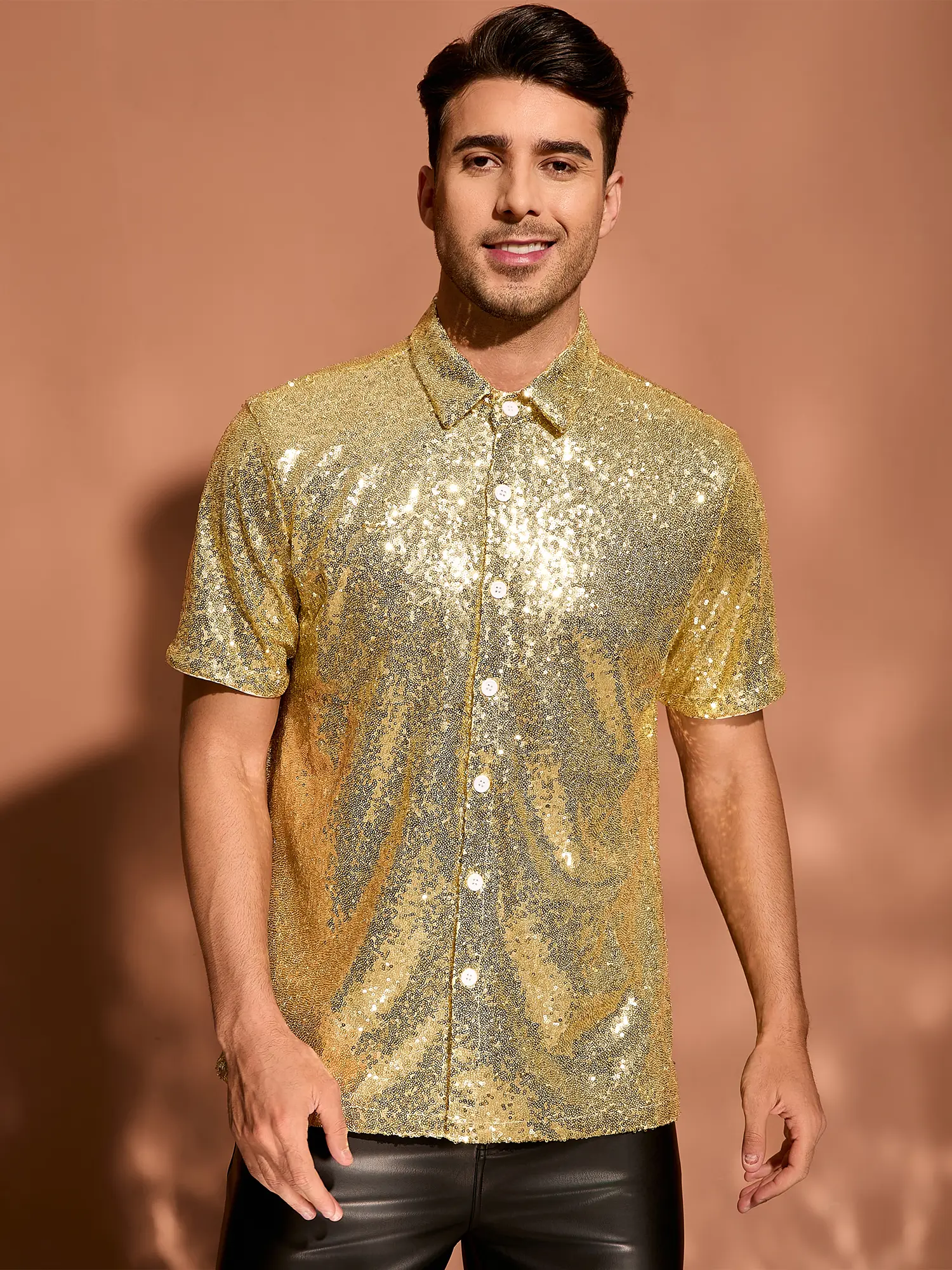 INSPIRE CHIC Men's Sequin Shirts Glitter Retro Disco Shirt Button Down Short Sleeve Metallic Tops