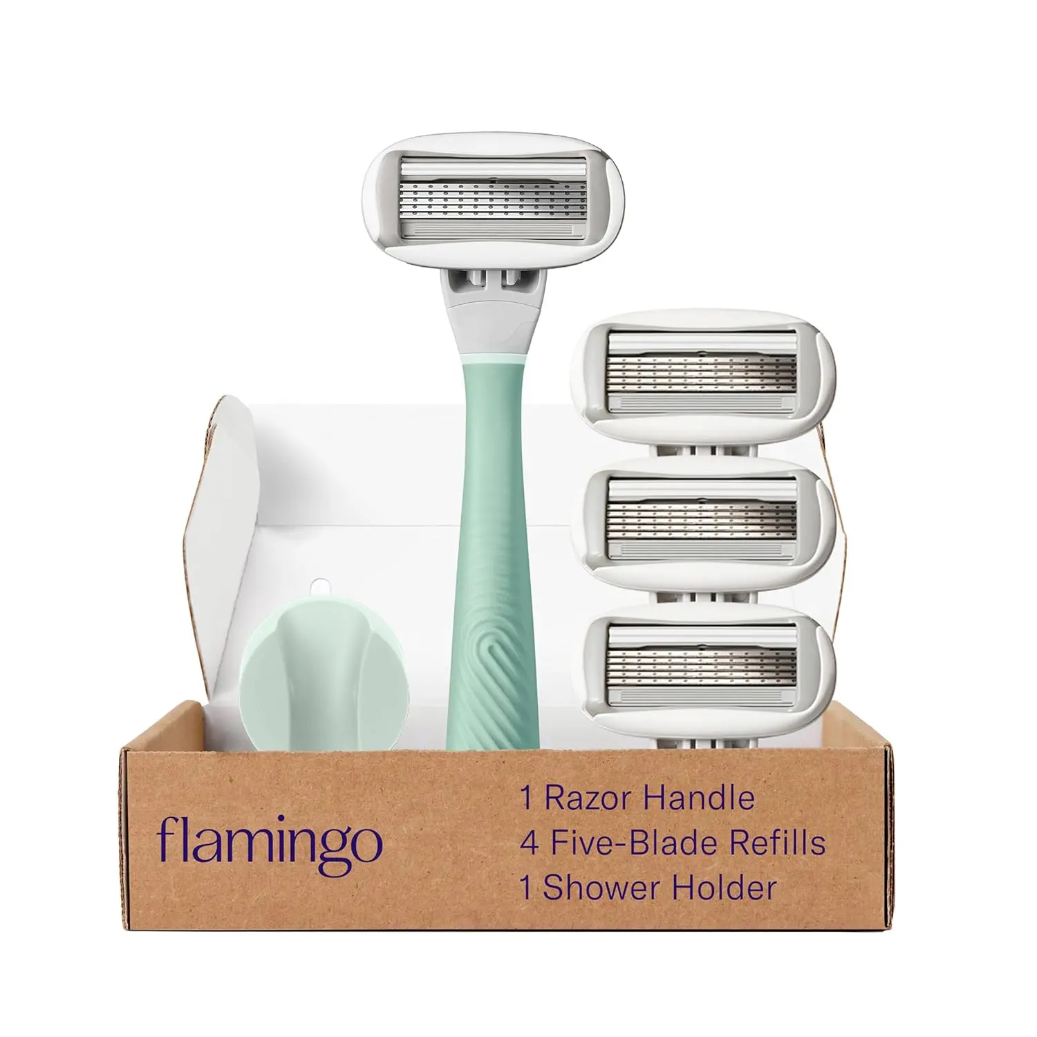 Razors for Women, 1 Women's Razor Handle (Lilac), 4 Razor Five-Blade Refills, and 1 Shower Holder