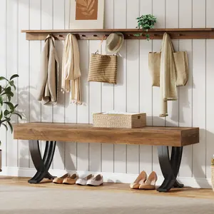 LITTLE TREE Entryway Shoe Bench, 55-Inch Wooden Shoe Bench with Metal X-Shaped Legs, Farmhouse Dining Bench for Dining Room and Mudroom, Industrial Long End of Bed Stool with Seating for Bedroom, Living Room, Hallway, Porch