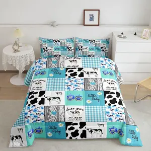 Feelyou Twin Size Microfiber Decorative Bedding Set - 3D Cute Milk Cow Designer Comforter, Farmhouse Blue Duvet & Quilt Set, Microfiber Bedding Set